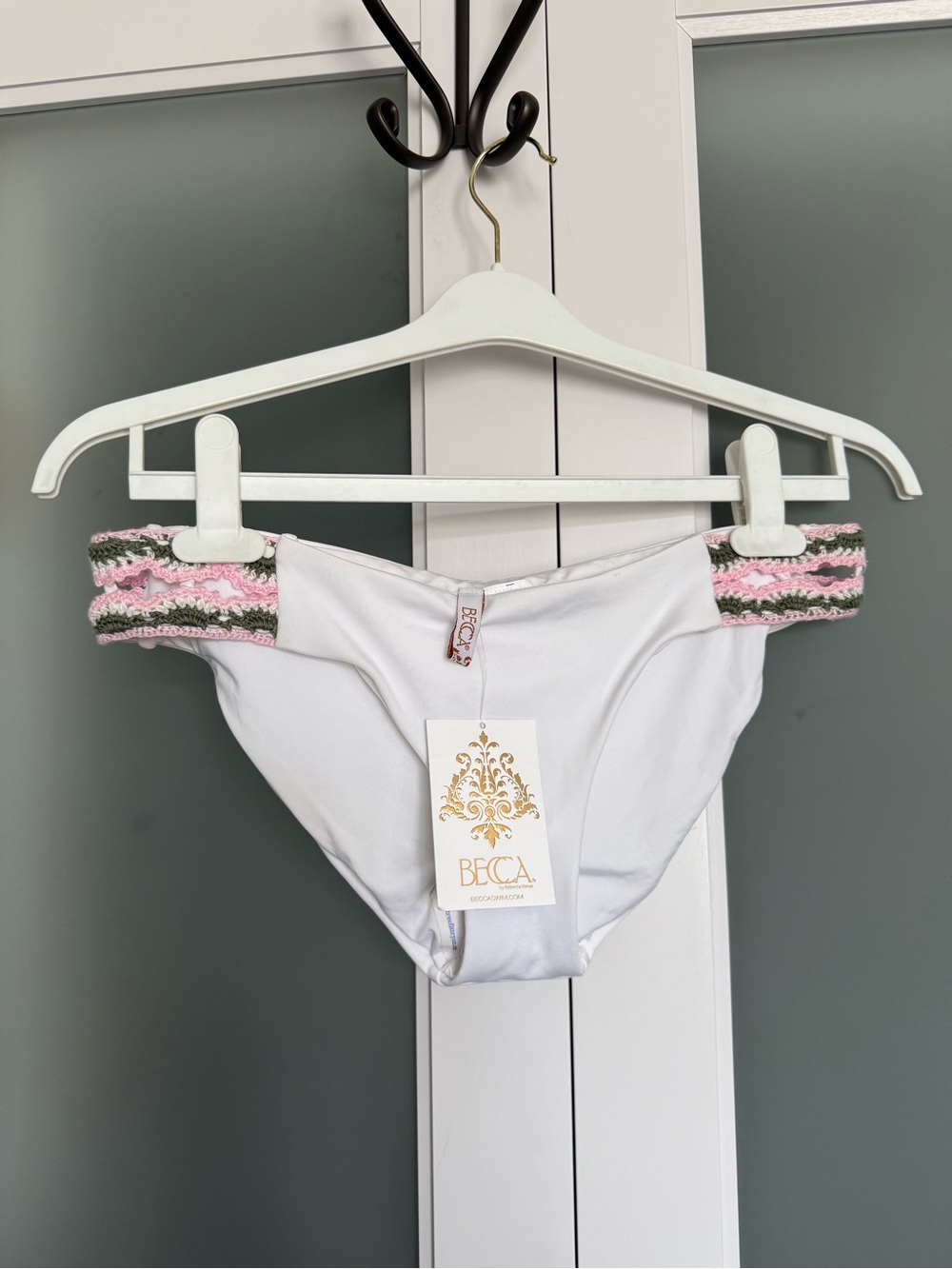 BECCA White Bikini Bottom with Pink & Green Crochet Waistband